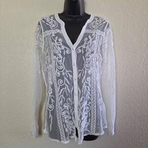 Amber Shea Sheer Embroidered Button Down Blouse